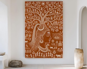 Indian Warli Wall Art print Lord Shiva Mahadev Tree of Life Rural Life Indian Wall Poster–Folk Art Print Wall Decor, Digital Download
