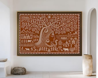 Indian Warli Wall Art print Lord Shiva Mahadev Tree of Life Rural Life Indian Wall Poster–Folk Art Print Wall Decor, Digital Download