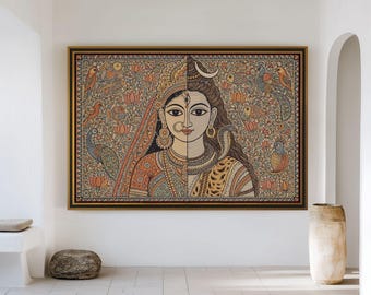 May include: A rectangular wall art piece featuring a split-face illustration of a deity, with one side adorned in ornate jewellery and a veil, and the other side depicting a figure with a crescent moon, a snake, and tiger-print clothing.