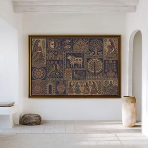 May include: A large rectangular wall art piece featuring a dark blue background with intricate, repeating patterns of figures, animals, trees, and geometric shapes in shades of gold, red, and cream, enclosed within a thin, metallic gold frame.