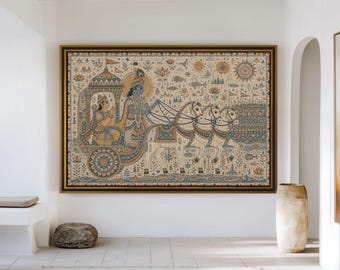 May include: A large rectangular wall art piece featuring a detailed illustration of a chariot pulled by four horses, with two figures inside. The artwork uses a palette of blue, gold, and cream tones, framed in a thin gold border on a white wall.