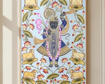 Shreenathji Pichwai Painting, Lord Krishna Divine Sacred Indian Wall Poster–Folk Art Print Wall Decor, Digital Download
