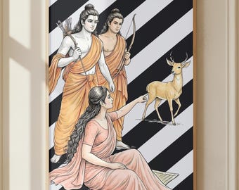 May include: Framed art print depicting three figures in traditional dress, two with bows and arrows, and a woman in a pink sari. A deer stands close by against a black and white striped backdrop.