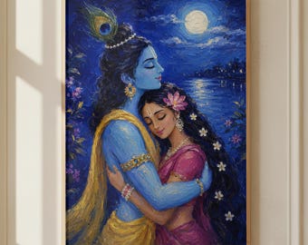 May include: A framed painting of a couple embracing under a full moon. The figures are painted in blue, pink, and gold, with detailed clothing and jewellery. The background shows a lake and a night sky, creating a serene atmosphere.