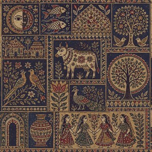 May include: A rectangular textile print featuring a grid of dark blue and beige panels with intricate illustrations of people, a cow, fish, birds, trees, flowers, and traditional vessels, all rendered in a detailed, folk-inspired graphic style.