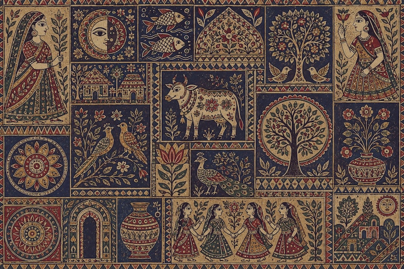 May include: A rectangular textile print featuring a grid of dark blue and beige panels with intricate illustrations of people, a cow, fish, birds, trees, flowers, and traditional vessels, all rendered in a detailed, folk-inspired graphic style.