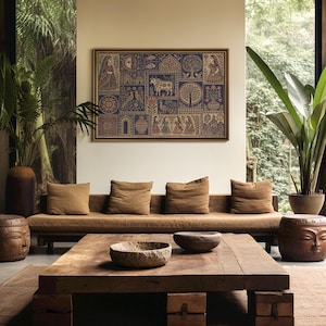 May include: A rectangular wall art piece featuring a blue and beige grid pattern with intricate illustrations of figures, animals, trees, and floral motifs. The artwork is framed in a thin wooden border and displayed on a white wall above a sofa.