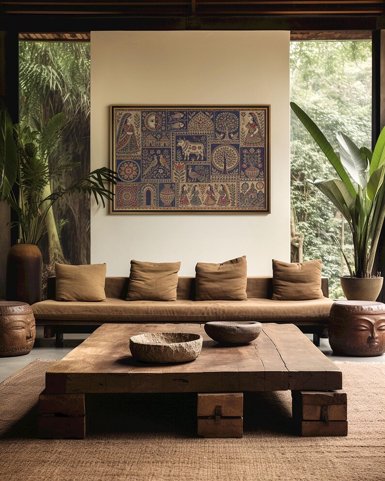 May include: A rectangular wall art piece featuring a blue and beige grid pattern with intricate illustrations of figures, animals, trees, and floral motifs. The artwork is framed in a thin wooden border and displayed on a white wall above a sofa.