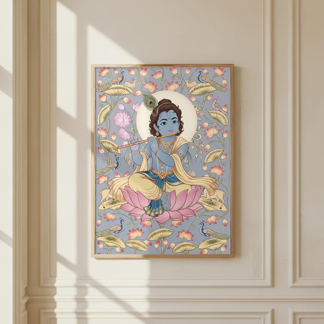 Indian Pichwai Lord Krishna Divine Lotus Sacred Indian Wall Poster–folk ...