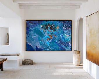 May include: A large rectangular wall art piece featuring a blue-skinned deity in a dynamic dancing pose, set against a textured background of deep blue and teal brushstrokes, framed in a thin wooden border and displayed on a white wall.