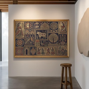 May include: A rectangular framed wall art piece featuring a grid of intricate illustrations in deep blue, red, and gold tones. The artwork displays various motifs including figures, a bull, birds, trees, fish, and floral patterns within distinct panels.