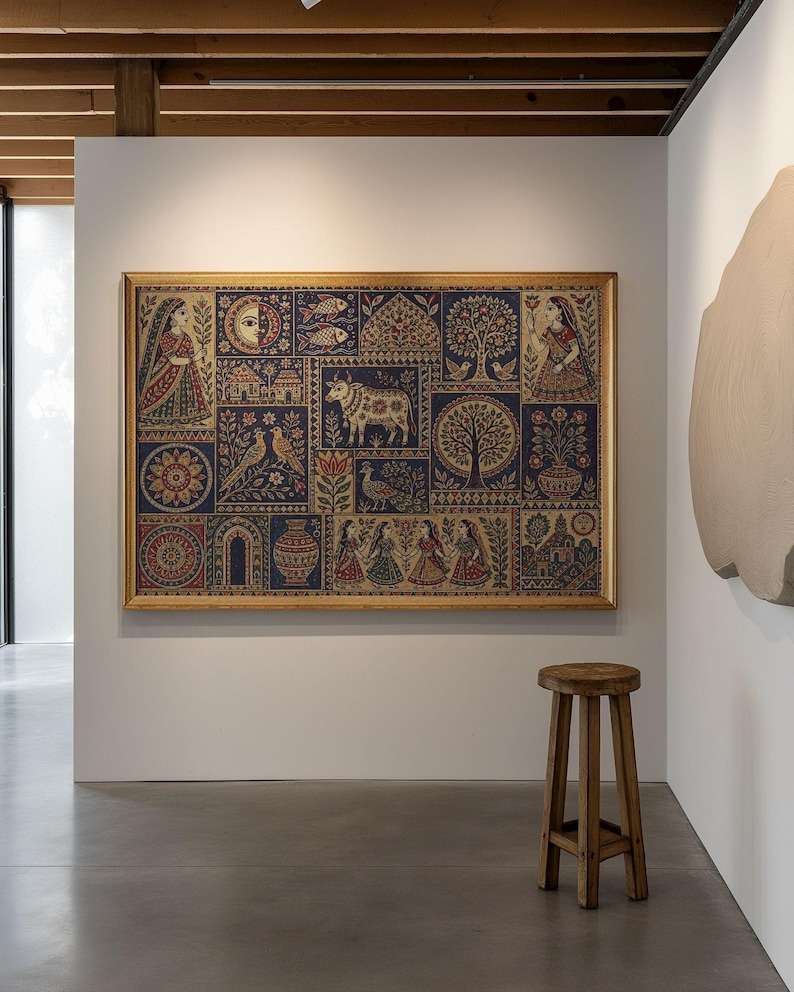 May include: A rectangular framed wall art piece featuring a grid of intricate illustrations in deep blue, red, and gold tones. The artwork displays various motifs including figures, a bull, birds, trees, fish, and floral patterns within distinct panels.