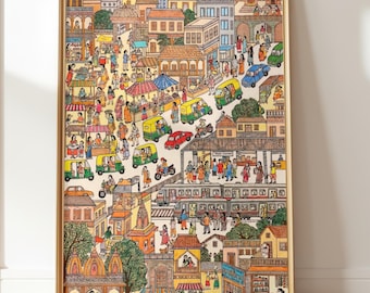 India Kaleidoscope–Vibrant Indian Street Life Folk Art Print Wall Decor, Digital Download