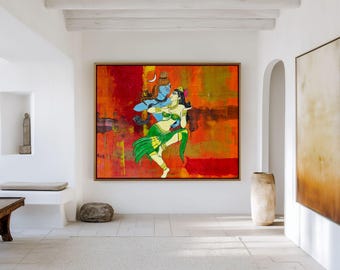 May include: A rectangular wall art piece featuring a vibrant painting of two figures in a dynamic pose against a textured red and orange background. The blue-skinned figure wears a crescent moon, while the other figure wears a green outfit.