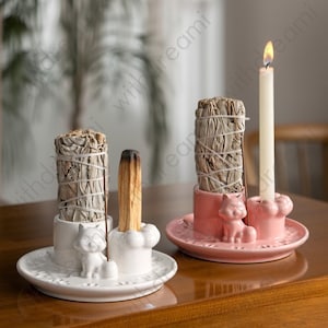 Quemador de incienso de cerámica - Bandeja para gatos y portavelas, Palo Santo | Cuenco para sahumerio, Decoración de aromaterapia, Quemador de incienso para la decoración de la sala de meditación