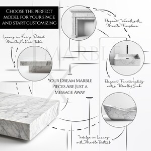 May include: An advertisement for marble home decor. The image features a marble fireplace, coffee table, sink, and bathtub. Text includes "Choose the perfect model for your space and start customizing" and "Your dream marble pieces are just a message away."