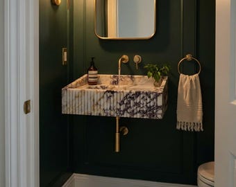 Calacatta Viola Fluted Wall Mounted Marble Sink with Backsplash and Hand Carved Detail for Luxury Bathroom Remodel