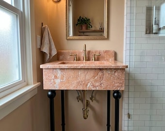 Pink Violet Marble Vanity Sink with Brass Frame – Luxurious Stone Basin for Elegant and Timeless Bathroom Decor and Design M5M002