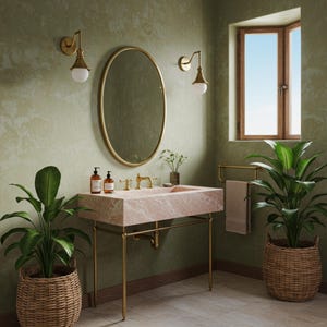 Pink Marble Console Sink with Brass Base, Custom Vanity Top with Integrated Basin, Luxury Bathroom Furniture for Powder Room, Home Decor