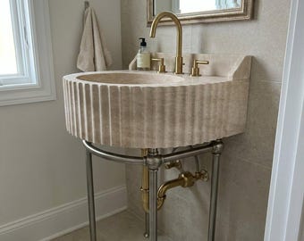 Classic Travertine Fluted Marble Pedestal Sink with Backsplash and Metal Legs for Custom Bathroom Vanity M5N001