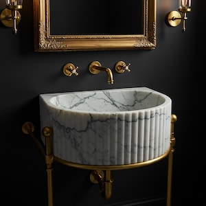 Elegant Marble Sink with a Unique Pedestal Design – Perfect for Rustic Bathrooms with Antique Vanity and Farmhouse Decor