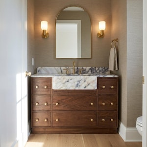 Vanity Backsplash | Calacatta Viola Hand Carved Marble Vanity Sink with Backsplash and Wood Vanity, Luxury Bathroom Statement Piece