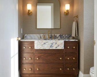 Vanity Backsplash | Calacatta Viola Hand Carved Marble Vanity Sink with Backsplash and Wood Vanity, Luxury Bathroom Statement Piece