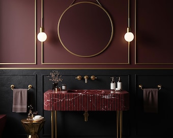 Fluted Marble Sink, Red Marble Sink Vanity on Console, Stone Bathroom Sink for Luxury Bath, Powder Room Vanity, Sink and Console M5M28