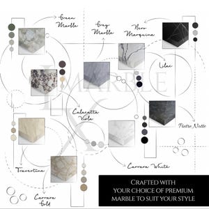 May include: A diagram showcasing various marble samples, including Green Marble, Grey Marble, Nero Marquina, and others. Each sample is labeled with its name and accompanied by a color palette. The text "CRAFTED WITH YOUR CHOICE OF PREMIUM MARBLE TO SUIT YOUR STYLE" is also present.