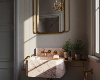 Floating Sink in Pink Violet Marble – Small Bathroom Vanity Marble Sink Basin – Natural Stone Vessel for Powder Room Interior Design M5S12