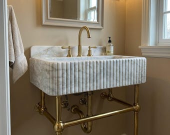 Luxury Bathroom Vanity with Calacatta Amber Viola Marble Sink – Featuring Custom Backsplash, Unique Vessel M5M003