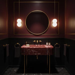 Burgundy Fluted Marble Sink | Wall Hanging Vanity | Dramatic Natural Stone Bathroom Design Statement Piece