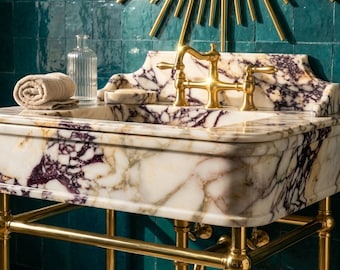 Custom Calacatta Viola Marble Pedestal Sink with Backsplash and Optional Metal Stand, Premium Bathroom Statement