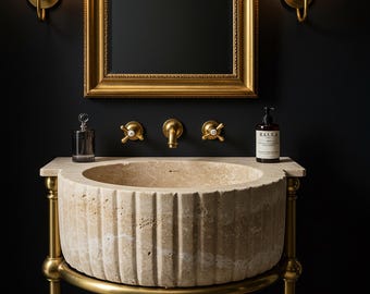 Antique Pedestal Marble Sink – Custom Vanity with Travertine Accents and Rustic Vessel for a Unique and Sophisticated Look M5M53