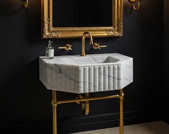 Fluted Calacatta Marble Sink with Brass Pedestal – Wall Mounted or Freestanding Vanity for Luxury Bathrooms and Powder Rooms