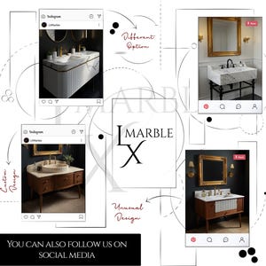 May include: A collage showcasing bathroom design ideas featuring marble vanities. The images highlight various styles, including modern and vintage designs, with gold accents and unique sink basins. The text "LX Marble" and social media call to action are also visible.