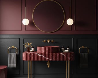 Fluted Red Marble Console Sink, Custom Vanity with Metal Legs, Stone Vessel Bowl on Marble Top, Luxury Bathroom Furniture M5M92