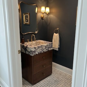 Viola Sink | Calacatta Viola Fluted Marble Vanity Sink with Wood Vanity and Hand Carved Detail, Luxury Bathroom Statement Piece