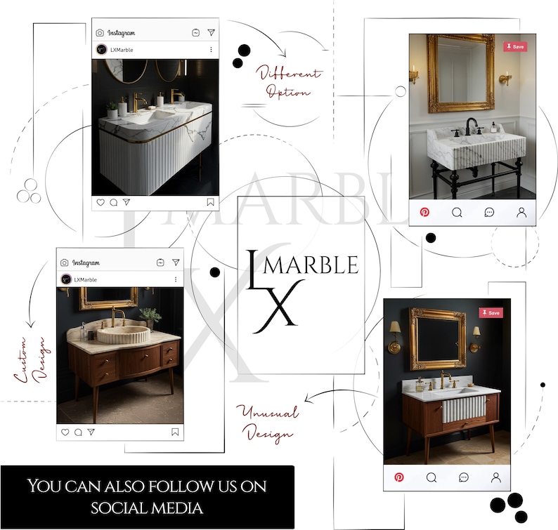 May include: A collage of bathroom design concepts featuring marble vanities. The images display diverse styles, including modern and vintage designs, with gold accents and unique sink basins. The text "LX Marble" and a social media call to action are also visible.