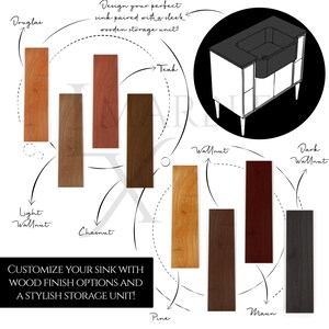 May include: An illustration showcasing a sink design with various wood finish options. The image features samples labeled Douglas, Teak, Walnut, Chestnut, Pine, and Maun. Text reads: "Customize your sink with wood finish options and a stylish storage unit!"