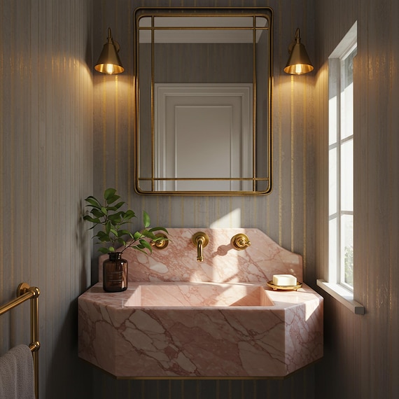 Pink Violet Marble Sink Basin – Wall Mounted Sink for Powder Room Vanity – Elegant Stone Vessel Sink for Bathroom Vanity Decoration M5S38