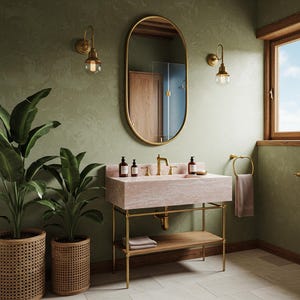 May include: A bathroom scene featuring a pink marble sink with gold fixtures and a matching gold-framed oval mirror. Two wall sconces with glass globes flank the mirror. The room includes potted plants and a wooden shelf.
