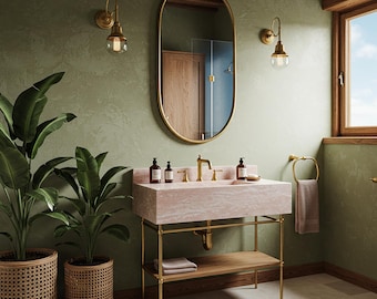 Pink Violet Marble Console Sink, Vanity with Metal Base and Wooden Shelf, Custom Stone Basin for Luxury Bathroom M5M50