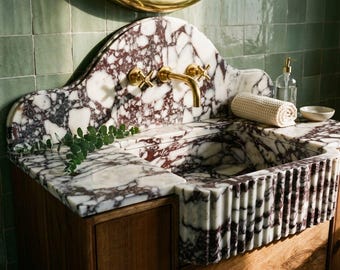 Marble Pedestal Sink | Custom Calacatta Viola Marble Vanity Sink with Backsplash and Wood Vanity, Luxury Bathroom Statement Piece