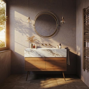 Wall Mounted Carrara Marble Sink – Fluted Floating Vanity with Stone Basin, Custom Bathroom Sink for Modern Interior Design