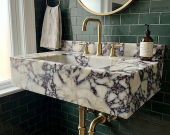 Calacatta Viola Wall Mounted Marble Sink with Backsplash for Luxury Bathroom Remodel