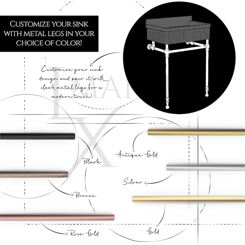 May include: A diagram showcasing a sink design with metal legs, available in various colors. Text reads: "CUSTOMIZE YOUR SINK WITH METAL LEGS IN YOUR CHOICE OF COLOR!" Colors include black, bronze, rose gold, antique gold, silver, and gold.