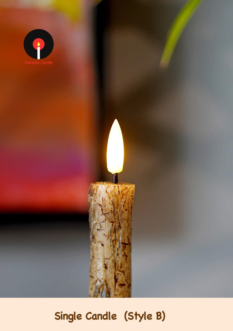Rustic Birch & Bark Flameless Candles – Realistic LED Taper Candles Woodland Home Decor, Cozy Cabin Fireplace Lights Single Candle B