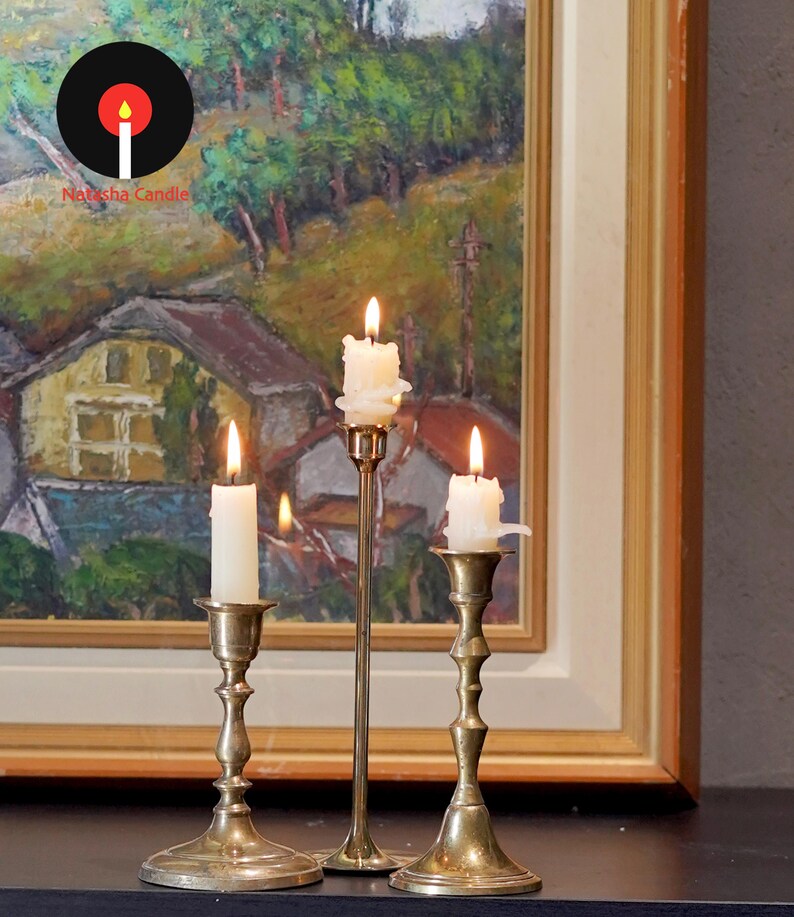 Vintage Brass Candlestick Holder Set, Curated Brass Candle Holders, Antique Style Taper Candle Stands, Old World Home Decor image 2