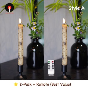 Rustic Birch & Bark Flameless Candles – Realistic LED Taper Candles Woodland Home Decor, Cozy Cabin Fireplace Lights 2-Pack + Remote A